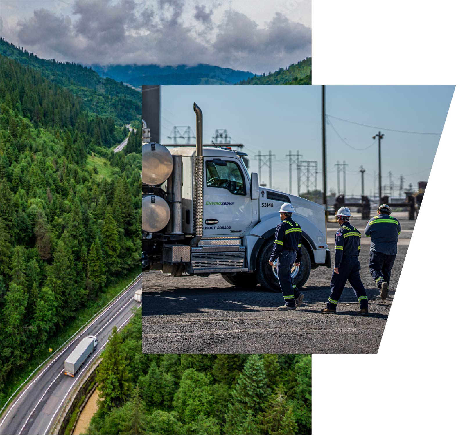 pictured: aerial photo of a highway through green deciduous forest and a photo of three EnviroServe workers near a large truck cab