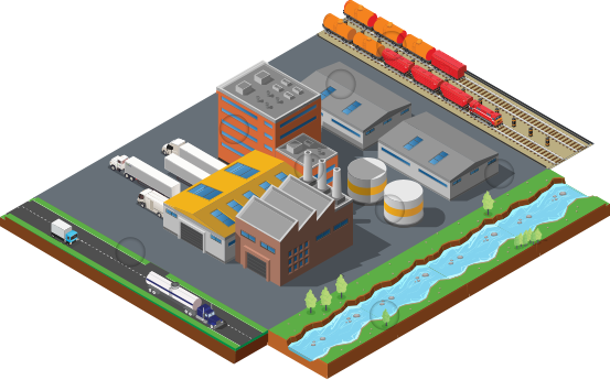 pictured: illustration of roads, rivers, factories, and railways representing the array of sites that EnviroServe services