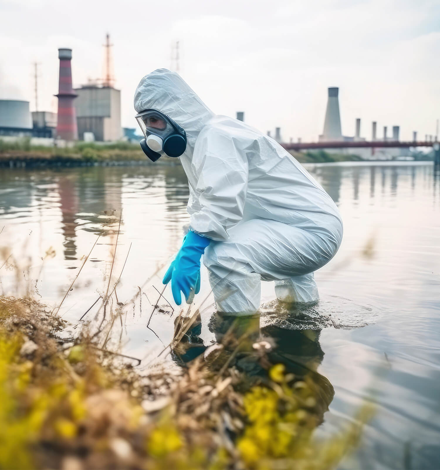 pictured: an EnviroServe worker wearing a white hazmat suit, protective gloves, and a gas mask wades through an outdoor pond next to an industrial facility